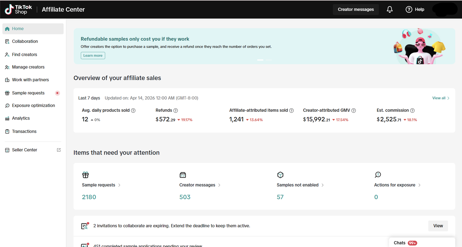 TikTok Shop affiliate program dashboard showing creator partnerships